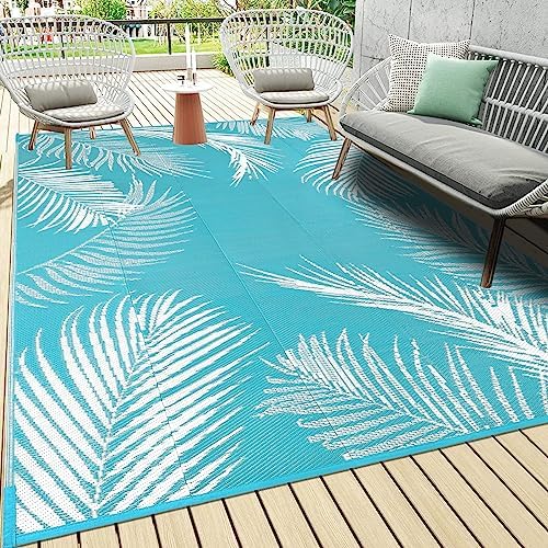 Pauwer Waterproof Outdoor Rug 6x9, Plastic Straw Patio Mat, Leaf Teal by Pauwer