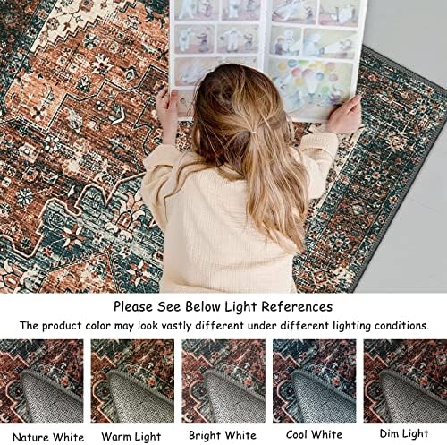 Moynesa Ultra-Thin Washable Vintage Area Rug - 5x7 Large Boho Non-Slip Rug for Bedroom Living Room Oriental Medallion Non-Shedding Print Floor Carpet for Dining Room Home, Brick Red/Dull Teal - Image 6