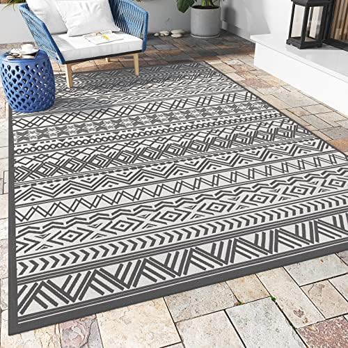 Outdoor Rug Carpet 6x9 ft, Flatweave Textured Outdoor Patio Rug Non Slip Indoor Outdoor Rugs with Rubber Particles Backing Boho Outdoor Area Rug for Patio Deck Front Porch Backyard Balcony by MontVoo