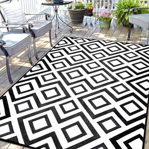DiiKoo Outdoor Rug Mat for Patio, 6x9ft Waterproof Reversible Plastic Straw Rugs, Camping Carpet Area Mats for RV, Porch, Deck, Backyard, Balcony, Camper, Trailer, Black & White by DiiKoo