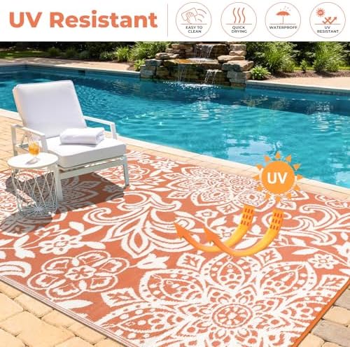 Findosom Waterproof Outdoor Rug 6' x 9' - Reversible Mandala Outdoor Plastic Straw Rug, Durable Foldable Patio Rug for RV, Deck, Balcony, Backyard, Picnic, Porch, Camping, Beach, Orange - Image 3