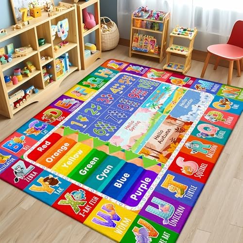 5x7 Kids Rug for Classroom & Playroom - ABC Alphabet Educational Area Rug with Animals Numbers & Colors - Non-Slip Carpet Playmat for Nursery Preschool Elementary by Itvgekp