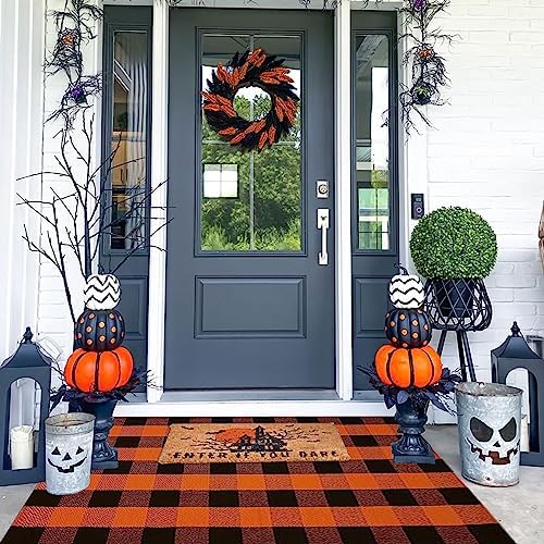 Fall Outdoor Rug Orange Buffalo Plaid Outdoor Rug Cotton Hand-Woven Buffalo Check Rug Layered Doormats for Front Door/Front Porch/Farmhouse/Entryway/Patio (Orange and Black Plaid, 3' x 5') - Image 3