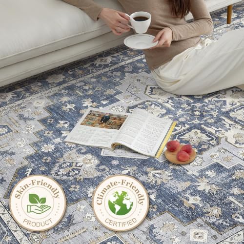 Area Rugs 9x12 Living Room: Washable Vintage Gray Blue Rug - Image 5