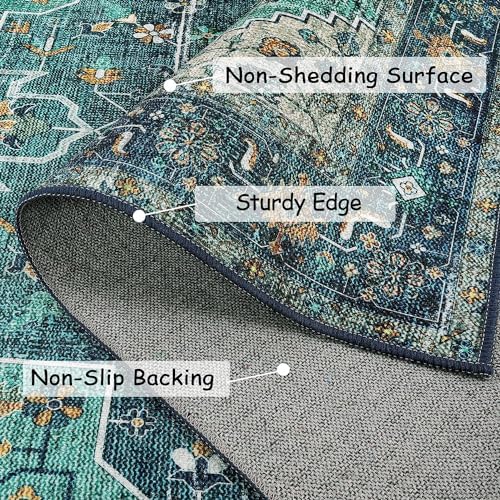 Moynesa Ultra-Thin Washable Vintage Area Rug - 5x7 Large Living Room Rug Boho Oriental Medallion Bedroom Mat Non-Slip Non-Shedding Dining Room Floor Carpet for Home Office, Teal/Mutil - Image 3