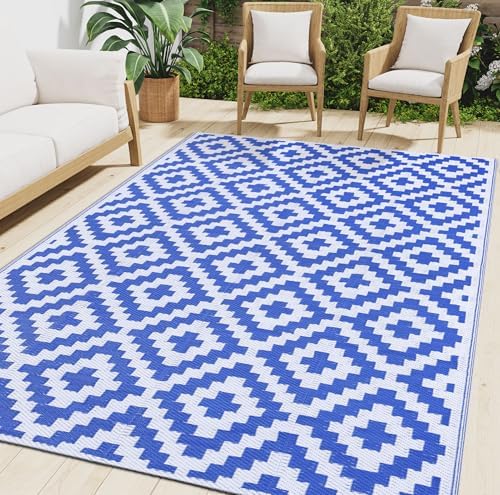 Smiry Outdoor Rug 5x8 ft Waterproof Reversible Boho Mat, White & Blue by Smiry