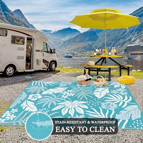 Pauwer Waterproof Outdoor Rug 9x12, Plastic Straw Patio Rug, Floral Teal - Image 5