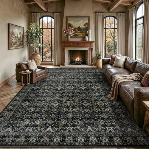 8x10 Area Rugs for Living Room - Washable Vintage Retro Large Rug, Soft Ultra Thin Non Slip Low Pile Traditional Distressed Boho Carpet for Bedroom Dining Room Home Office, Black Gold by Yarooge