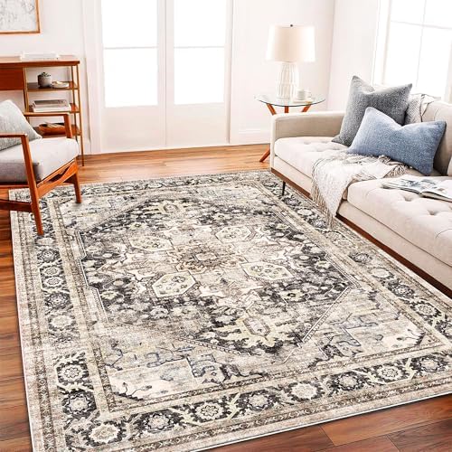 CHAMPLANT Washable Area Rug 10'x14' Black-Purple Khaki Retro Flowers Boho Design Non-Shedding Easy Care Ideal for High Traffic Areas in Living Room Bedroom Office Coffee Table Kitchen Large Carpet - Image 2