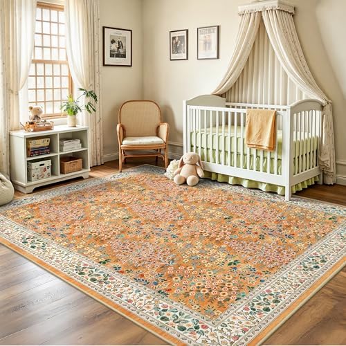 5x7 Area Rugs, Floral Washable Area Rugs for Living Room, Indoor Area Rug for Bedroom, Dining Room, Low Pile Non-Slip Nursery Rug(Orange Floral) - Image 5