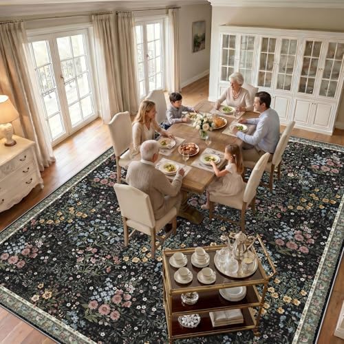 12x12 Square Area Rug Living Room: Boho Floral Washable Mat for Dining Room Bedroom Office High Traffic Area Soft Non Slip Low Pile Indoor Carpet for Vintage Farmhouse Home Decor (12ft Square, Black) - Image 3