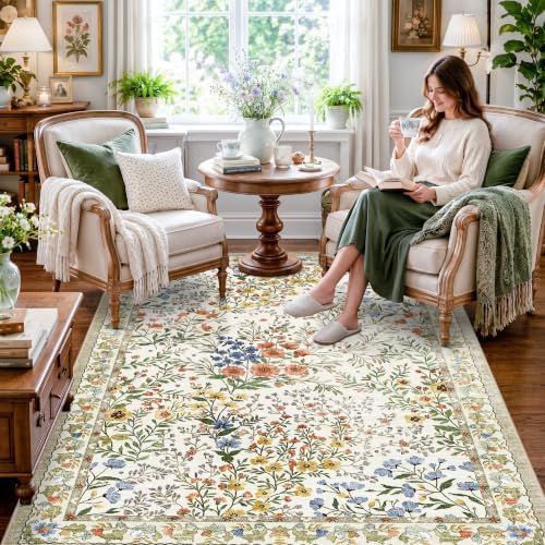 4x6 Washable Entryway Area Rug: Non Slip Floral Washable Entry Rug Living Room Area Rug for Indoor Floor Kitchen Bedroom - Soft Thin Door Mat Carpet Boho Vintage Home Decor (4'x6', Beige) by YOUFORTONG