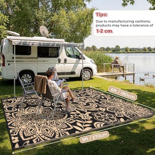 Findosom Waterproof Outdoor Rug 6' x 9' - Reversible Mandala Outdoor Plastic Straw Rug, Durable Foldable Patio Rug for RV, Deck, Balcony, Backyard, Picnic, Porch, Camping, Beach, Black - Image 2