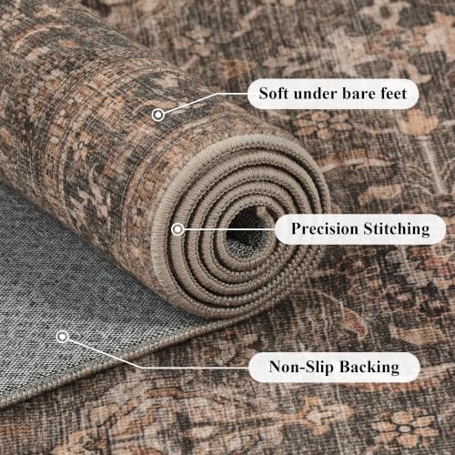 JOOJA 8x8 Dark Brown Vintage Low Pile Washable Boho Round Living Room Rug - Image 7