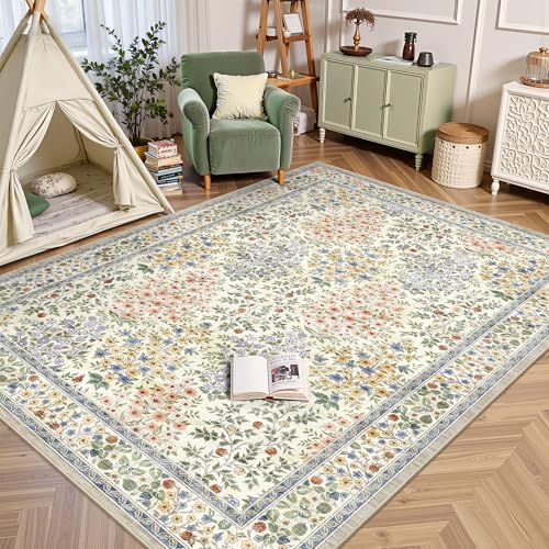 6x9 Area Rugs, Washable Floral Area Rugs for Living Room, Indoor Area Rug for Bedroom, Dining Room, Low Pile Non-Slip Non Shedding Rug(Beige Floral) - Image 5