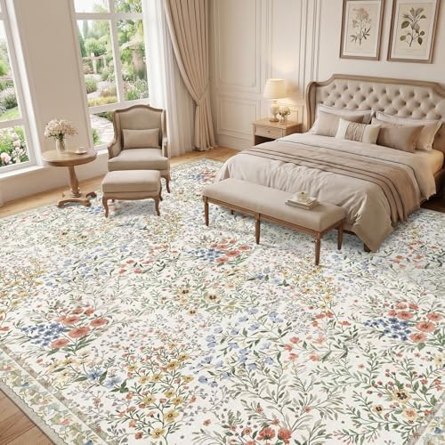 12x12 Square Area Rug Living Room: Boho Floral Washable Mat for Dining Room Bedroom Office High Traffic Area Soft Non Slip Low Pile Indoor Carpet for Vintage Farmhouse Home Decor (12ft Square, Beige) by YOUFORTONG
