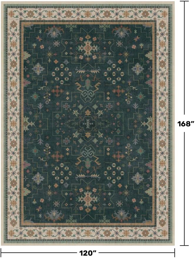 Hazo Haus Dark Green Oushak Living Room Rug 10x14 - Modern Vintage Boho Eclectic Floral Pastel, Washable Low Pile Non-Slip Extra Large Area Rugs for Dining Under Table Bedroom Lounge - Image 2