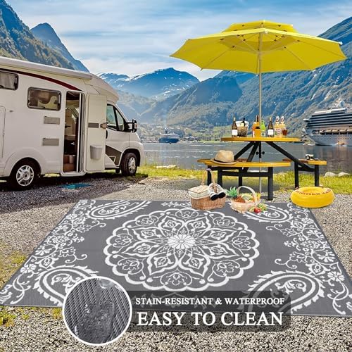 Pauwer Outdoor Rug 9x12, Waterproof Plastic Straw Camping Rug, Boho Grey - Image 4