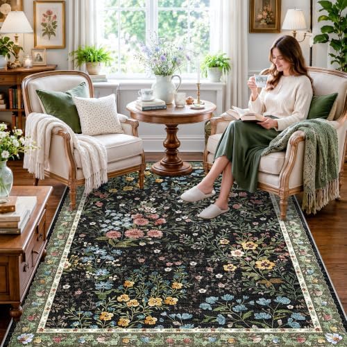 4x6 Washable Entryway Area Rug: Non Slip Floral Washable Entry Rug Living Room Area Rug for Indoor Floor Kitchen Bedroom - Soft Thin Door Mat Carpet Boho Vintage Home Decor (4'x6', Black) by YOUFORTONG