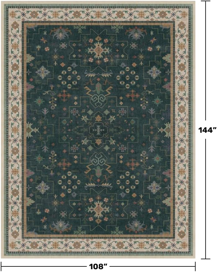 Hazo Haus Dark Green Vintage Living Room Rug 9x12 - Boho Unique Floral Victorian Decor, Washable Low Pile Non-Slip Extra Large Area Rugs for Dining Under Table Bedroom - Image 2