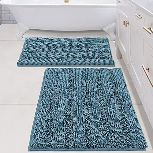 H.VERSAILTEX 2 Piece Bathroom Set - Super Absorbent Chenille Striped Bath Mats - Non Skid, Machine Washable - Turquoise Blue, 24 x 36 Plus 20 x 32 Inches by HVERSAILTEX