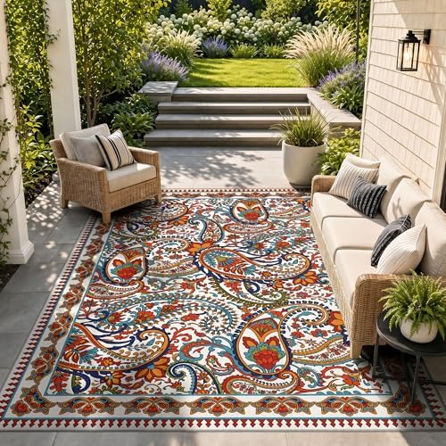 Arenarug Paisley Waterproof Outdoor Rug 5x8, UV Resistant, White Multi - Image 6