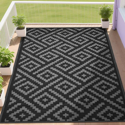 RURALITY Outdoor Rugs 9x12 Feet for Patios Clearance,Plastic Straw Waterproof Mats for RV,Backyard,Porch,Deck,Balcony,Black&Deep Grey by RURALITY