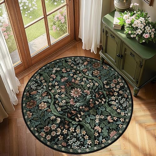 Round Rug 4ft Floral Circle Rug Black Botanical Indoor Area Rugs - Image 3