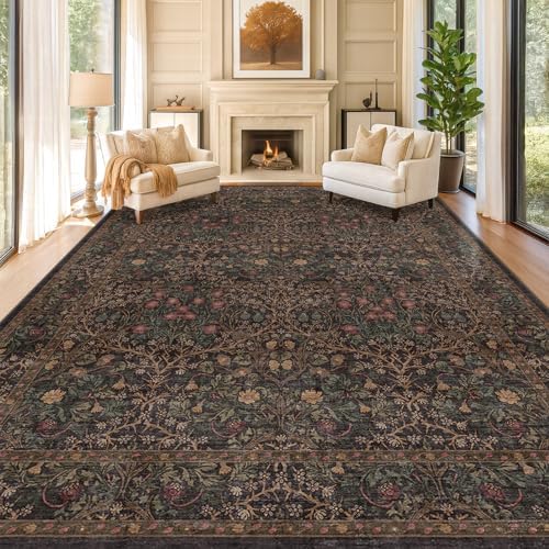 Hazo Haus Dark Brown 10x14 Area Rugs for Living Room - Extra Large Vintage Western Unique Neutral Floral, Washable Low Pile Non-Slip Soft Thin Area Rug for Dining Under Table, Bedroom Under Bed by HazoHaus