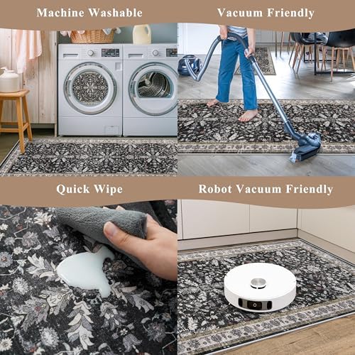 2x6 Washable Kitchen Runner Rug – Non-Slip Boho Vintage Carpet Runner for Hallway, Entryway, Bedroom & Bathroom – Soft Low-Pile Thin Area Rug with Rubber Backing (Black,2x6) - Image 7