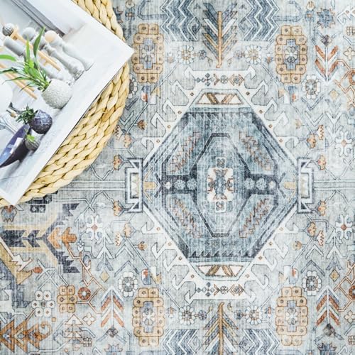 Washable 2x6 Kitchen Runner Rug - Hallway Rugs Low Pile Entryway Carpet Vintage Farmhouse Soft Thin Non-Slip Stain Resistant Indoor Floor Mat Home Decor for Bedroom Laundry Room(Grey/Blue, 2x6) - Image 3