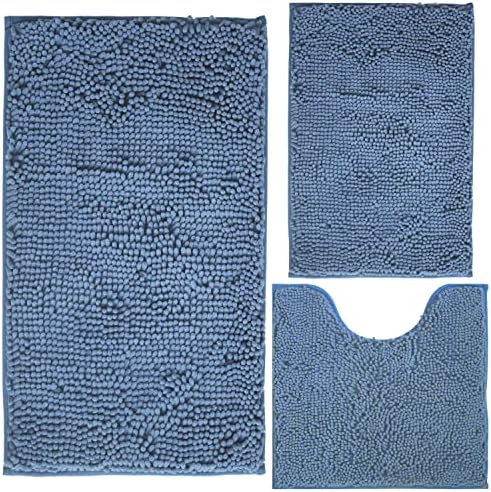 Bathroom Rugs Chenille 3-Piece Extra Soft and Absorbent Shag Bathroom Rugs, Machine Wash Mat, Strong PVC Non-Slip Underside, Plush Carpet Mats (Deep Blue) by BOANKODU