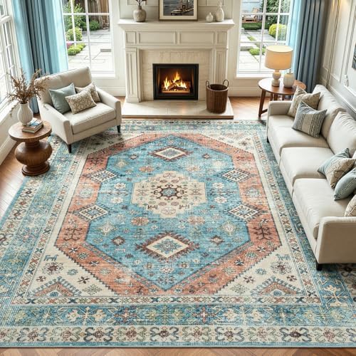 Lofus Living Room Rugs 8x10, Boho Terracotta and Blue Washable Carpet by Lofus