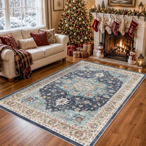 Vintage Area Rug 5x8: Machine Washable Area Rug for Living Room Blue Teal by TOPRUUG