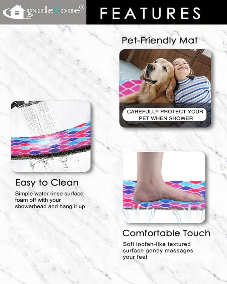 godehone Shower Mats Non Slip Without Suction Cups, PVC Loofah Bathroom Mats, Loofah Mats for Shower and Bathroom, Quick Drying, 15.7× 36 Inch, Colorful Geometric - Image 3
