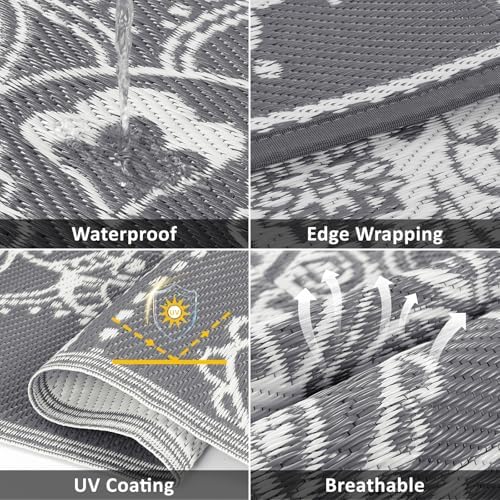 Pauwer Waterproof Outdoor Rug 8x10, Plastic Straw Patio Mat, Floral Grey - Image 3