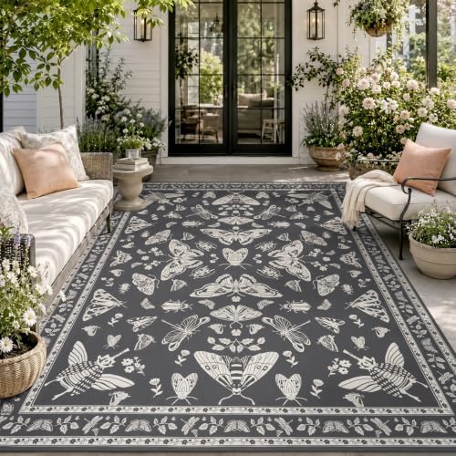 AMOAMI-Outdoor Rug-Patio Rug 8x10 ft Quick Dry Machine Washable Flatweave Textured Outdoor Carpet with Rubber Particles Backing Indoor Outdoor Rug for Patio Deck Front Porch Balcony Greyish Black by AMOAMI