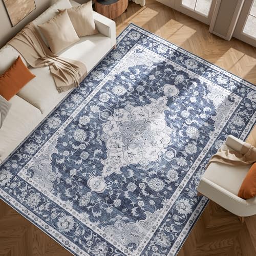 DUKINO 9x12 Area Rugs, Non Slip Distressed Living Room Rugs, Soft Large Washable Area Rugs with Low Pile & No Shedding, Faux Wool Rugs for Bedroom Aesthetic, Dining Room, Blue by DUKINO