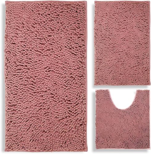 Bathroom Rugs Chenille 3-Piece Extra Soft and Absorbent Shag Bathroom Rugs, Machine Wash Mat, Strong PVC Non-Slip Underside, Plush Carpet Mats (Deep Pink) by BOANKODU