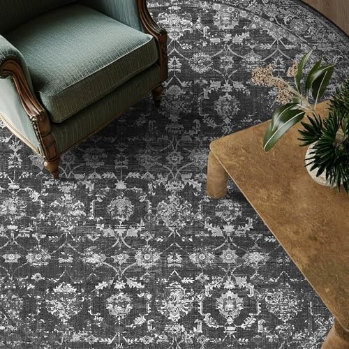 8ft Round Washable Living Room Rug Non-Slip Retro Black Throw Carpet - Image 5