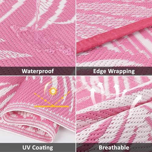 Pauwer Waterproof Outdoor Rug 8x10, Plastic Straw Patio Rug, Leaf Pink - Image 4