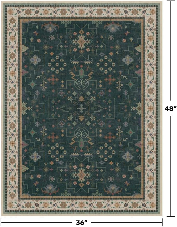 Dark Green Oushak 3x4 Large Entryway Rug - Modern Vintage Boho Floral, Washable Low Pile Non-Slip Area Rugs for Door Mat Indoor Entrance, Kitchen, Bedroom Beside Bed - Image 2