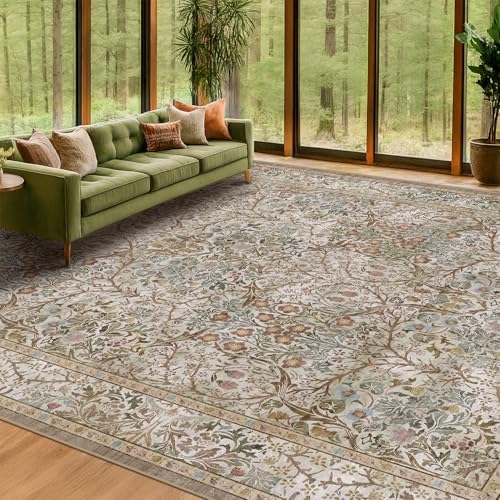 Washable 10x14 Living Room Rug - Moss Green Large Area Rug for Dining Room Under Table, Low Pile Non-Slip Floor Carpet for Bedroom Under Bed - Neutral Taupe Design & Stain Resistance by HazoHaus