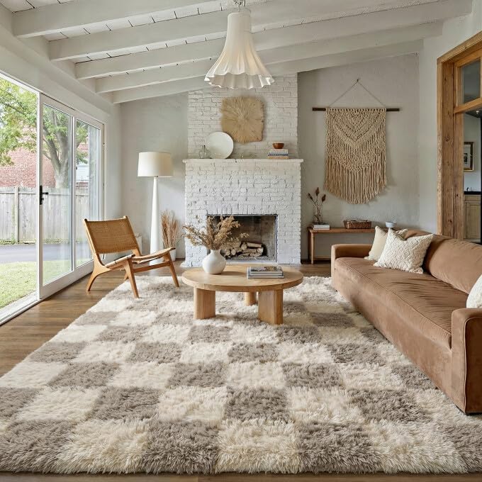 PureCozy Grey 9x12 Area Rug for Living Room Soft Checkered Shag Carpet by PureCozy