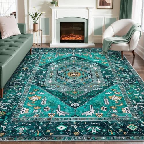 SERISSA 8x10 Washable Non Slip Boho Area Rug for Living Room，Teal by SERISSAHomeDecorCollection