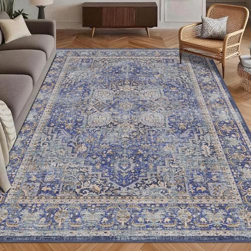 Washable Area Rug 5' x 7' Vintage Traditional Persian Mat - Foldable Distressed Non-Slip Machine Washable Carpet for Living Room Bedroom Kitchen Home Decor - Indigo and Gold by Unknown
