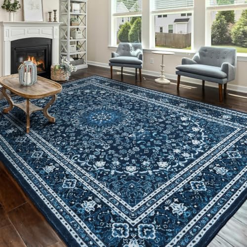 Lessymo Area Rugs 10x14 Living Room, Washable Large Rug Bedroom, Blue White by Lessymo