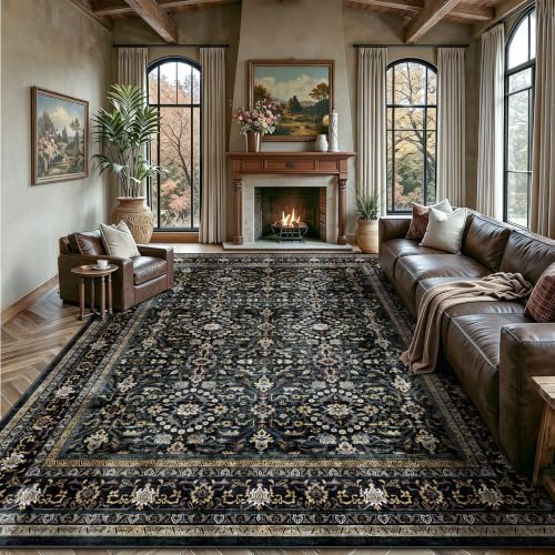 8x10 Area Rugs for Living Room - Washable Vintage Retro Large Rug, Soft Ultra Thin Non Slip Low Pile Traditional Distressed Boho Carpet for Bedroom Dining Room Home Office, Black & Gold by Yarooge