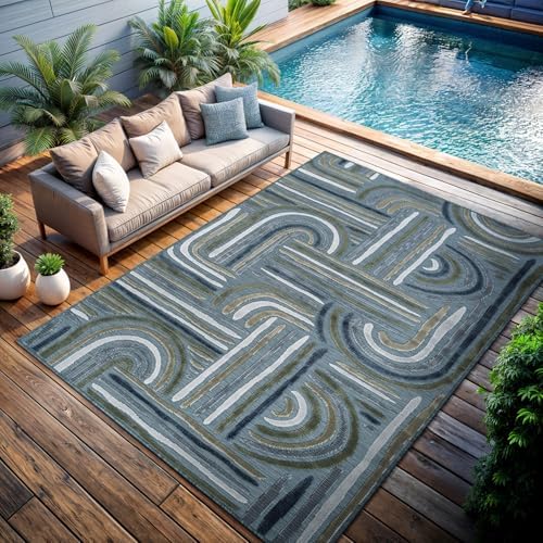 CAMILSON Indoor Outdoor Rug, Aqua 10x14 Geometric Arch Striped Large Area Rugs for Patio and Home Areas, Easy-Cleaning Non-Shedding Living Room, Garden and Deck Washable Outside Carpet (10 x 14) by CAMILSONIndoorOutdoorAreaRugs