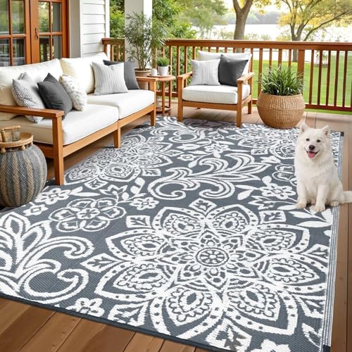 Findosom Waterproof Outdoor Rug 6' x 9' - Reversible Mandala Outdoor Plastic Straw Rug, Durable Foldable Patio Rug for RV, Deck, Balcony, Backyard, Picnic, Porch, Camping, Beach, Gray by Findosom